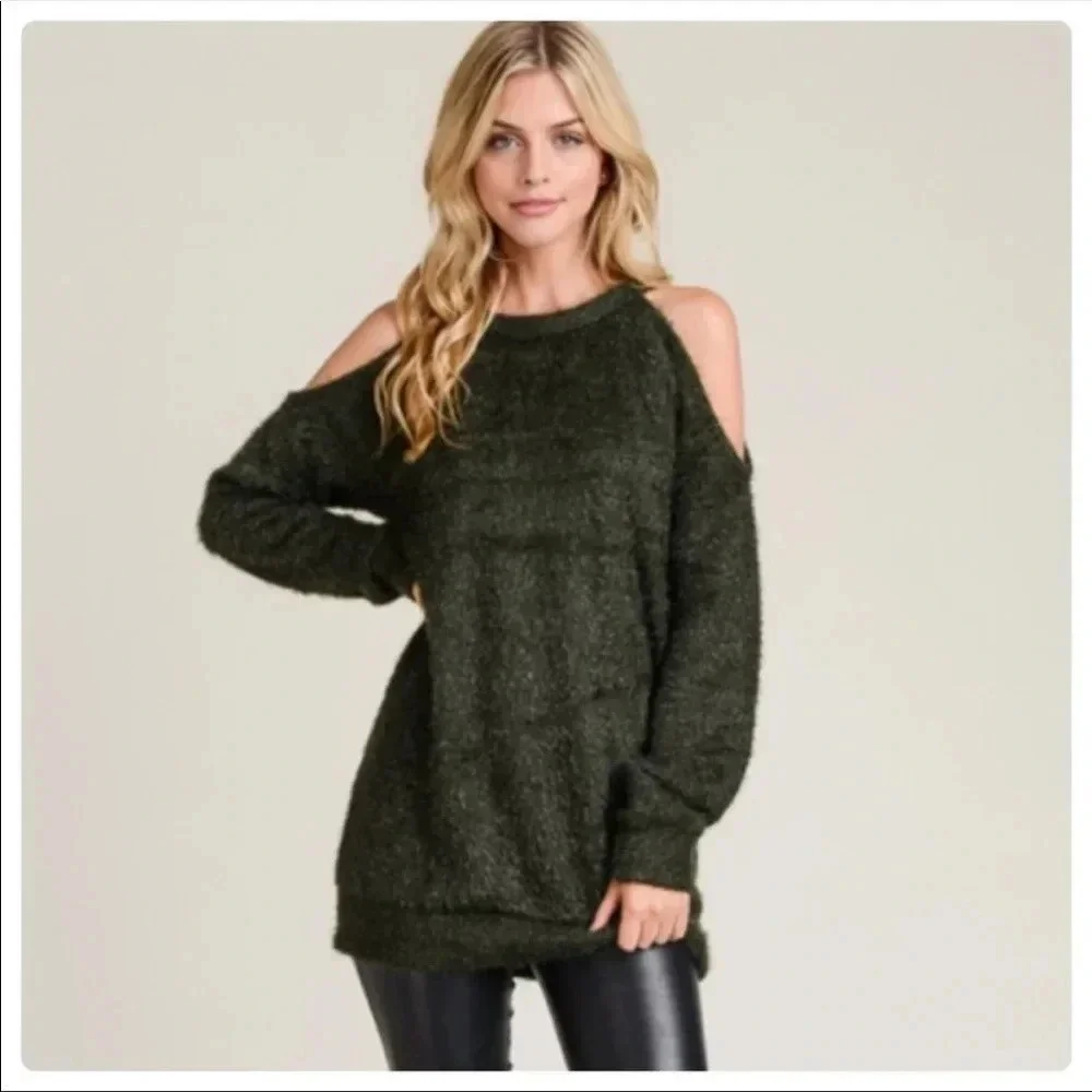 Olive Green Cold Shoulder Sweater | Cozy Fall Knit Pullover Top